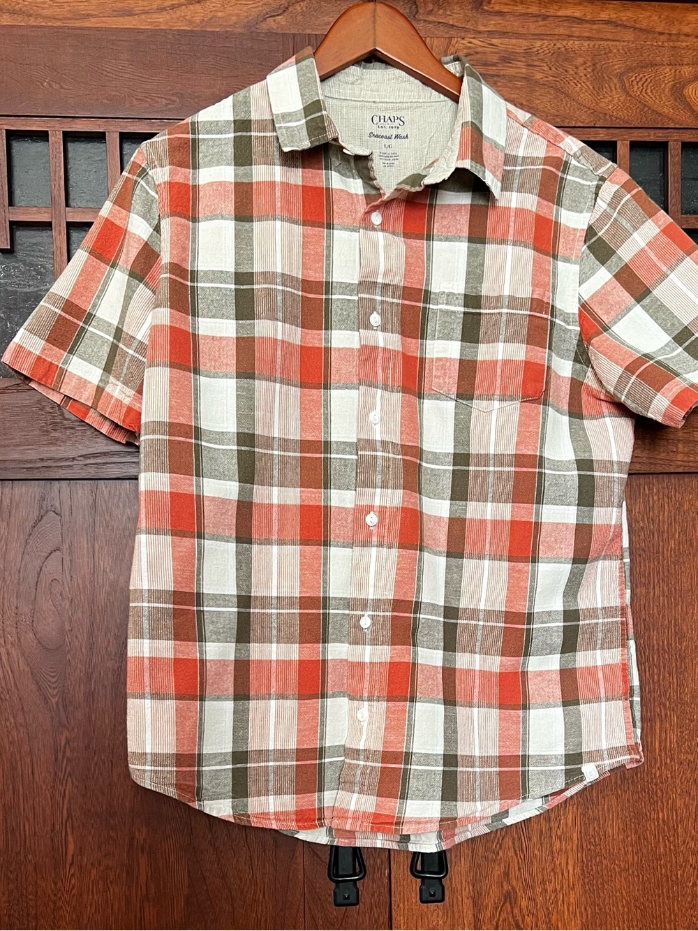 Ralph Lauren CHAPS Men’s Short-Sleeve Plaid Button-Up Shirt in Orange/Olive
